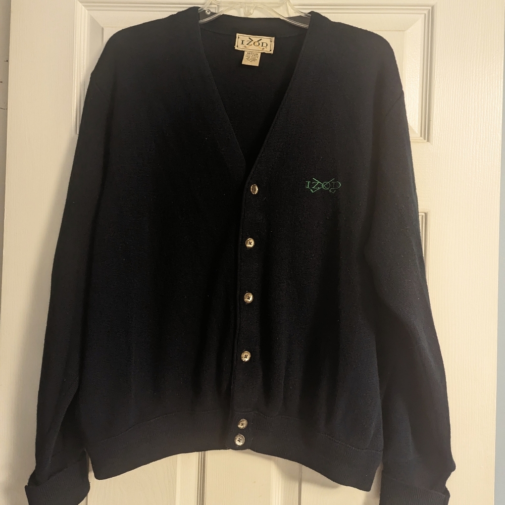 Vintage 1970s Izod Golf Cardigan Sweater Navy Blue Ribbed Long Sleeve Medium